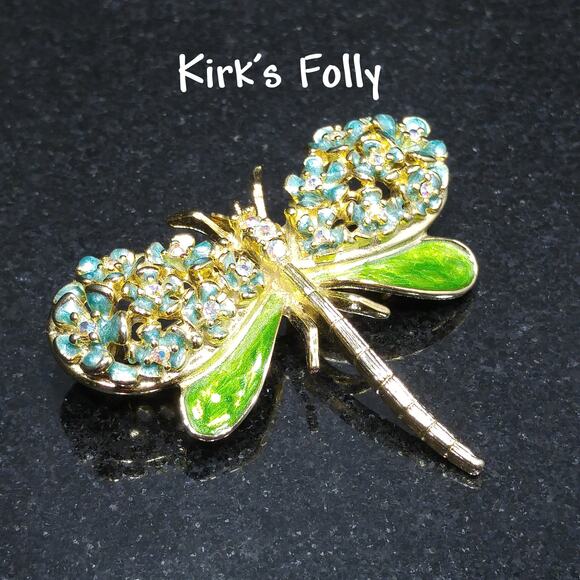 Vintage Enamel Dragonfly Brooch, Signed Kirk's Folly , AB Rhinestones - Picture 2 of 10